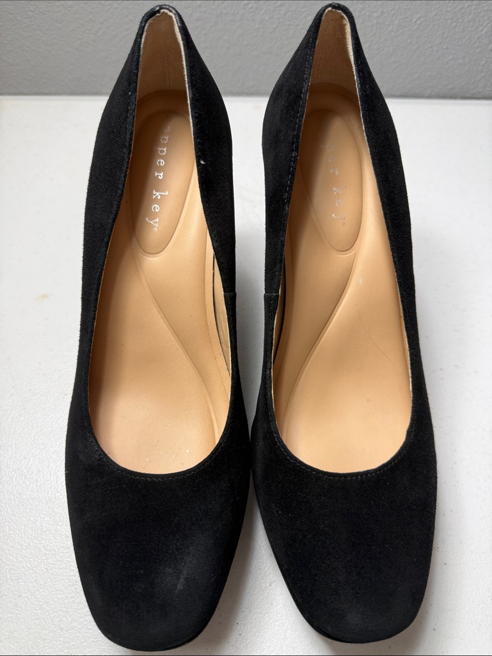 Copper Key Black Suede Rounded Toe Block Heel Pumps